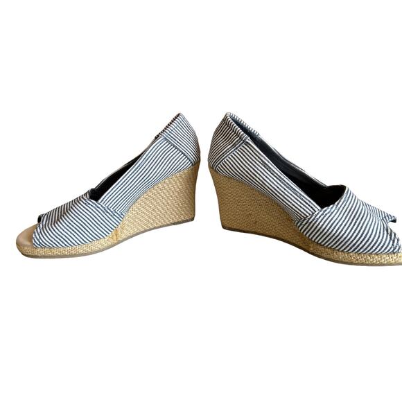 Report Open Toe Espadrille Wedge Heels Blue & White Stripe Canvas 6.5 - Picture 5 of 9